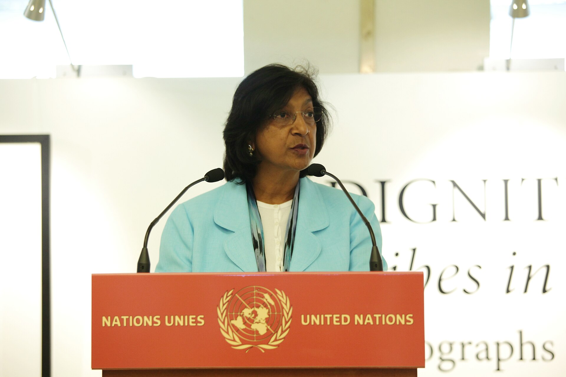The United States Mission to the United Nations in Geneva is sponsor the exhibition “Dignity: Tribes in Transition” by the American Photographer Dana Gluckstein at the United Nations from July 11, 2011 through the end of August. The opening of the exhibition, on display just outside the Human Rights Council Chamber, was timed to coincide with the 4th meeting of the Expert Mechanism for the Rights of Indigenous Peoples at the United Nations Office in Geneva. Dignity: Tribes in Transition features 60 photographs of individuals from tribes around the world. Gluckstein’s black-and-white portraits of Indigenous Peoples and Tribes include subjects from Australia, Bali, Bhutan, Botswana, Canada, Fiji, Haiti, Kenya, Mexico, Namibia, Peru, the United States, and Zambia. The photographs convey the universality of experience that links us all without diminishing the dignity of the individual. The U.S. Mission is sponsoring the exhibition to contribute to public awareness about the situation of indigenous peoples, and to celebrate U.S. support for the UN Declaration on the Rights of Indigenous Peoples announced by President Obama last December. U.S. support for the Declaration represents an important and meaningful change in the U.S. position, and resulted from a comprehensive, interagency policy review, including extensive consultation with tribes. While the Declaration is not legally binding, it carries considerable moral and political force and complements President Obama’s ongoing efforts to address historical inequities faced by indigenous communities in the United States. For more about the exhibit - Dignity: Tribes in Transition, please see the photographer’s website: <a href=" http://www.danagluckstein.com " rel="nofollow">www.danagluckstein.com</a> For More about U.S. Support for the United Nations Declaration on the Rights of Indigenous Peoples: <a href=" https://2009-2017.state.gov/r/pa/prs/ps/2010/12/153027.htm " rel="nofollow">www.state.gov/r/pa/prs/ps/2010/12/153027.htm</a> U.S. Mission Photo by Eric Bridiers