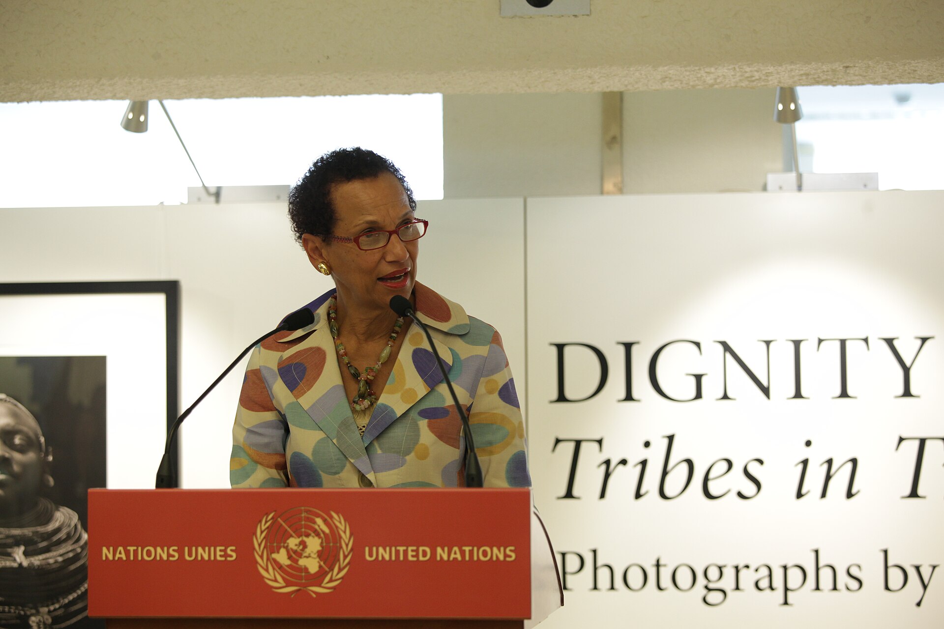 The United States Mission to the United Nations in Geneva is sponsoring the exhibition “Dignity: Tribes in Transition” by the American Photographer Dana Gluckstein at the United Nations from July 11, 2011 through the end of August. The opening of the exhibition, on display just outside the Human Rights Council Chamber, was timed to coincide with the 4th meeting of the Expert Mechanism for the Rights of Indigenous Peoples at the United Nations Office in Geneva. Dignity: Tribes in Transition features 60 photographs of individuals from tribes around the world. Gluckstein’s black-and-white portraits of Indigenous Peoples and Tribes include subjects from Australia, Bali, Bhutan, Botswana, Canada, Fiji, Haiti, Kenya, Mexico, Namibia, Peru, the United States, and Zambia. The photographs convey the universality of experience that links us all without diminishing the dignity of the individual. The U.S. Mission is sponsoring the exhibition to contribute to public awareness about the situation of indigenous peoples, and to celebrate U.S. support for the UN Declaration on the Rights of Indigenous Peoples announced by President Obama last December. U.S. support for the Declaration represents an important and meaningful change in the U.S. position, and resulted from a comprehensive, interagency policy review, including extensive consultation with tribes. While the Declaration is not legally binding, it carries considerable moral and political force and complements President Obama’s ongoing efforts to address historical inequities faced by indigenous communities in the United States. For more about the exhibit - Dignity: Tribes in Transition, please see the photographer’s website: <a href=" http://www.danagluckstein.com " rel="nofollow">www.danagluckstein.com</a> For More about U.S. Support for the United Nations Declaration on the Rights of Indigenous Peoples: <a href=" https://2009-2017.state.gov/r/pa/prs/ps/2010/12/153027.htm " rel="nofollow">www.state.gov/r/pa/prs/ps/2010/12/153027.htm</a> U.S. Mission Photo by Eric Bridiers