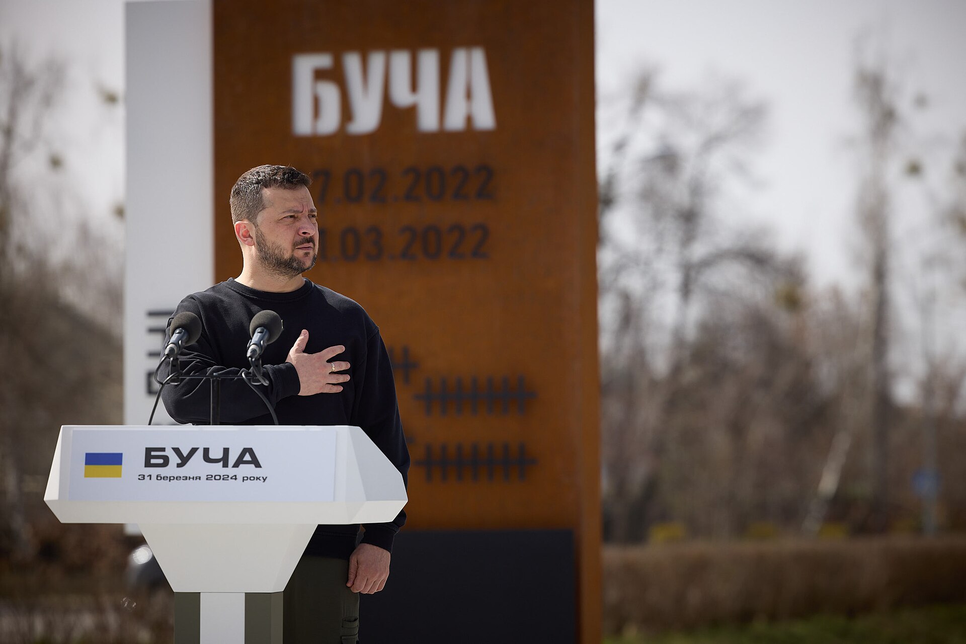 On the second anniversary of the liberation of Kyiv region from Russian invaders, President Volodymyr Zelenskyy took part in the raising of the State Flag of Ukraine on the flagpole of the Memorial to the Defenders of the Bucha Community, and presented honorary awards to the cities – heroes of Ukraine and state awards to the military. “For us, this is a war to defend Ukraine and everything that makes people human. That is why this war is of global significance. This is a war for the right to exist for our state and, at the same time, for the right to life for every person. It is a war for dignity for our people and for every nation that seeks its own destiny. This is a war so that no one dares to become a beast towards others,” the Head of State noted, addressing the attendees. According to him, when Ukrainian warriors drove the Russian occupiers out of Bucha, Irpin, Borodyanka and other towns and communities in Kyiv region, and then from Sumy and Chernihiv regions, the whole world saw that these were victories not only of Ukrainian courage and weapons, but also of human morality. “I am proud of everyone who dedicates their lives to ensuring that the life of our entire Ukraine is preserved. I thank everyone in the world who really helps us. And may the whole world never forget the cost of this battle and the evil we are holding back here on our land,” the President said. The attendees observed a minute of silence in memory of all Ukrainians whose lives were taken by the Russian occupiers. The ceremony was also attended by: Chairman of the Verkhovna Rada Ruslan Stefanchuk, Prime Minister Denys Shmyhal, Head of the Presidential Office Andriy Yermak, Commander-in-Chief of the Armed Forces of Ukraine Oleksandr Syrskyi, Minister of Defense Rustem Umerov, Minister of Internal Affairs Ihor Klymenko, and Head of the Security Service Vasyl Maliuk. The Head of State presented honorary awards "Hero City of Ukraine" to Mayor of Irpin Oleksandr Markushyn and Head of Hostomel Village Military Administration Serhiy Smal. By his Decree of March 6, 2022, the President of Ukraine introduced the honorary award "Hero City of Ukraine" to recognize the feat, heroism and resilience of citizens in defending their cities during the repulse of the armed aggression of the Russian Federation. On March 24, 2022, Bucha, Irpin, Mykolaiv, and Okhtyrka were awarded the title of Hero Cities. Volnovakha, Hostomel, Mariupol, Kharkiv, Kherson, and Chernihiv also received the award. In addition, Volodymyr Zelenskyy presented the servicemen with the Orders of Bohdan Khmelnytsky, II and III class, "For Courage," II and III class, medals "For Military Service to Ukraine," "For Impeccable Service," III class, and "For Saved Life." In particular, Colonel Oleksandr Voloshyn of the Armed Forces of Ukraine and Captain Oleksiy Fandetskyi, who ensured the evacuation and escort of convoys of vehicles with civilians from Bucha to Bilohorodka, received awards from the President. In total, more than 300 vehicles with citizens were evacuated on March 9-10, 2022. Lieutenant Colonel Andriy Kolodiazhnyi, Sergeant Oleksandr Fesyk, Sergeant Myron Khymytsia, and Senior Sergeant Oleksandr Martyniuk, who participated in the destruction of enemy convoys in the settlements of Bucha district, Kyiv region, in March 2022, were also awarded. The President also awarded Junior Sergeant Serhiy Doroshenko and Captain Ruslan Mamchyk. They were installing minefields and engineering barriers, which successfully helped repel the enemy attacks. The awards were also given to the National Guard warriors – Sergeant Maksym Bovchaliuk and Sergeant Serhiy Kvitko, who took part in fierce battles against the Russian occupiers in Kyiv region, patrol police officer Oleh Shvets, who participated in stabilization activities in Irpin, Bucha and Hostomel, and Police Major Ivan Dulkai, who has been documenting and investigating the Russian army's brazen war crimes since the beginning of the full-scale invasion of Russia. The awards were also presented to the SSU servicemen: Sergeant Hryhoriy Kalachnikov and Sergeant Andriy Mendzhul, who were involved in counter-offensive actions by the Armed Forces of Ukraine in the area of Zabuchchya and preparation of a bridgehead for the further liberation of Bucha. The President also awarded employees of the State Emergency Service of Ukraine Vitaliy Farenyk and Pavlo Zaiika who ensured the evacuation of civilians from the Vorzel, Bucha, Borodyanka, Irpin, and Hostomel to Kyiv. Vitaliy Farenyk showed extraordinary courage and heroism during the evacuation from the city of Irpin, when Russian soldiers opened fire on civilians near the bridge over the Irpin River in the village of Romanivka in Kyiv region.
